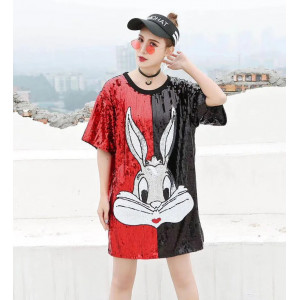 Нарядное платье пайетки двухцветное с рисунком кролик